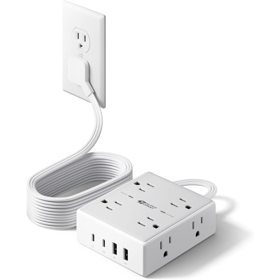 Main product image of 10ft Flat Plug Surge Protector Power Strip, 8 Outlets, 4 USB