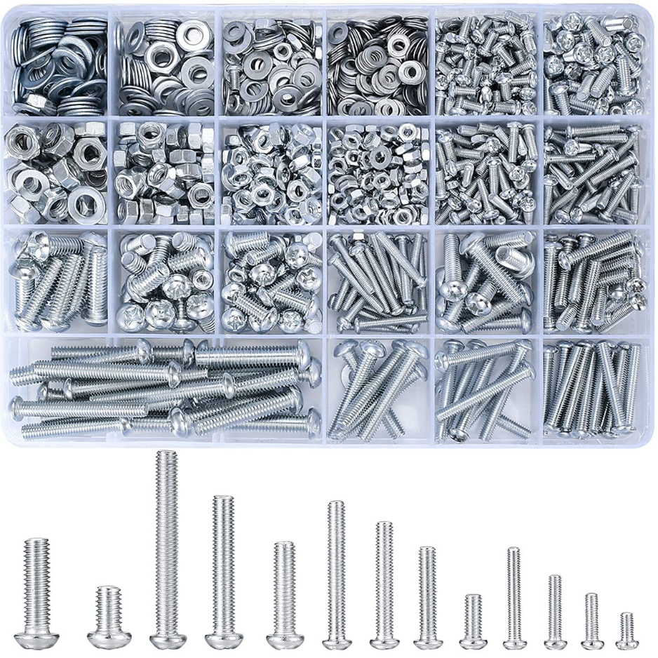 Main product image of 1080 Pc Metric Machine Screw, Nut, and Washer Assortment, M3-M6, Cross Slotted Round Head