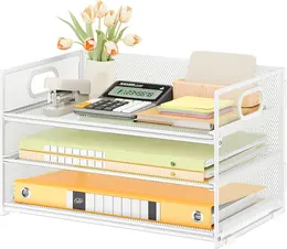 Product image of 3 Tier Letter Tray Paper Organizer, White Metal Mesh, Sliding Design