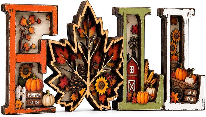Main product image of 3D Wooden Fall Harvest Sign with Leaf and Pumpkin Scene