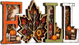 Product image of 3D Wooden Fall Harvest Sign with Leaf and Pumpkin Scene
