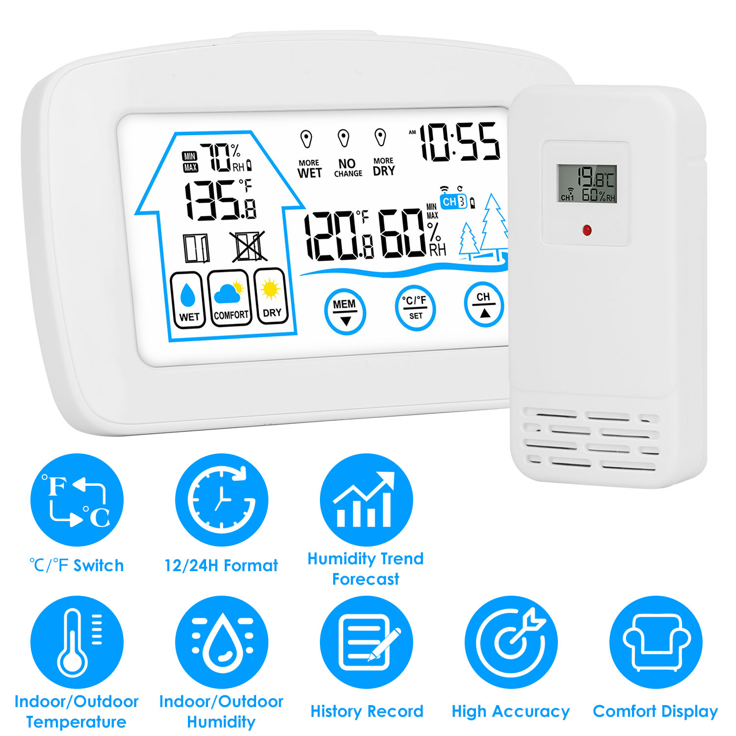 Main product image of Wireless Weather Station with Clock, 196ft Range, Indoor/Outdoor Temp/Humidity Monitor