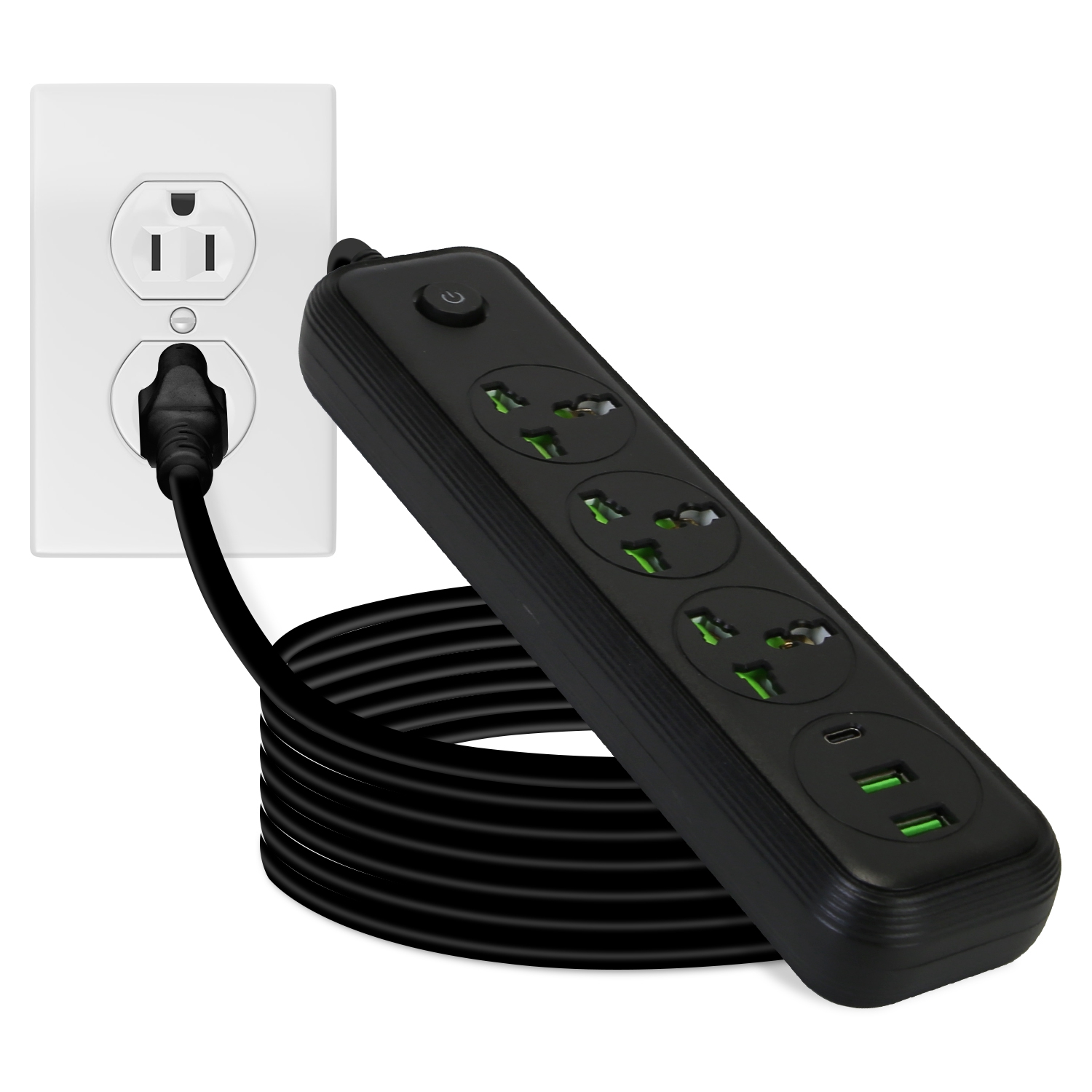 Main product image of Power Strip, 6ft Cord, 3 AC Outlets, 2 USB-A, 1 USB-C, 2500W, Wall Mount