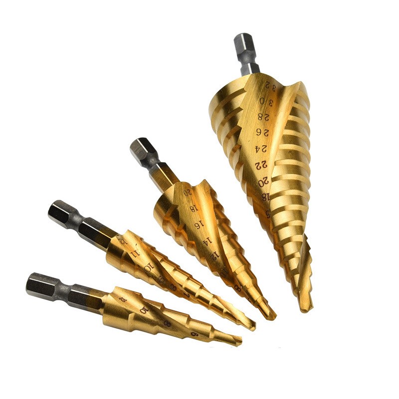 Main product image of Titanium-Plated Spiral Step Drill Bit Set, 4-Piece