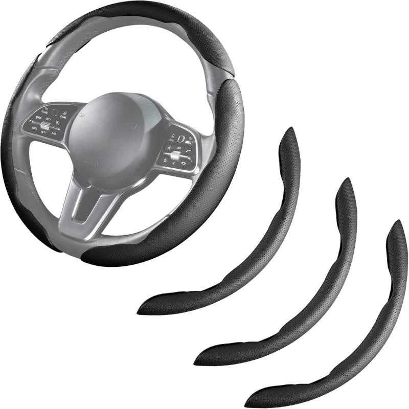 Main product image of Leather Snap-on Car Steering Wheel Cover, Universal Three-piece Set, Black/Gray
