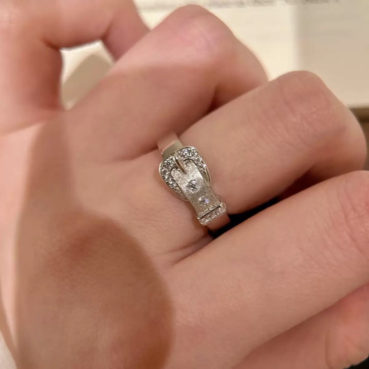 Main product image of Adjustable Finger Ring with Belt Buckle Design and Rhinestone Embellishment