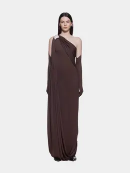 Product image of Maxi Gown, One Shoulder Draped, with Matching Gloves Set