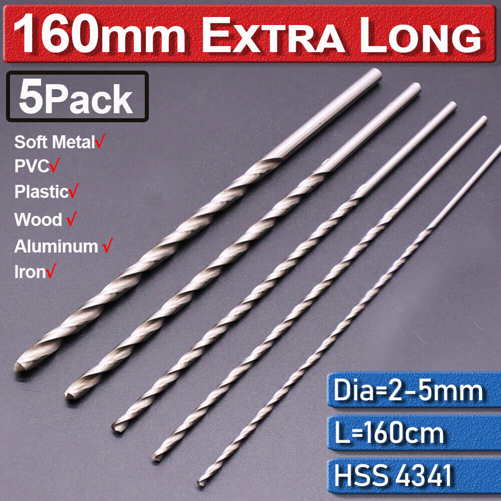 Main product image of 5-Piece 160mm Extra Long Brad Point Wood and Metal Drill Bit Set, 2-5mm