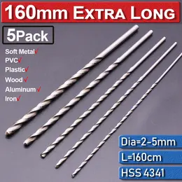 Product image of 5-Piece 160mm Extra Long Brad Point Wood and Metal Drill Bit Set, 2-5mm