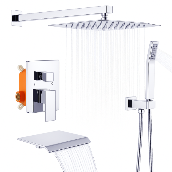 Main product image of Chrome Tub Shower Faucet Set, 10 Inch Square Rainfall Head, Handheld Sprayer