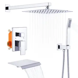 Product image of Chrome Tub Shower Faucet Set, 10 Inch Square Rainfall Head, Handheld Sprayer