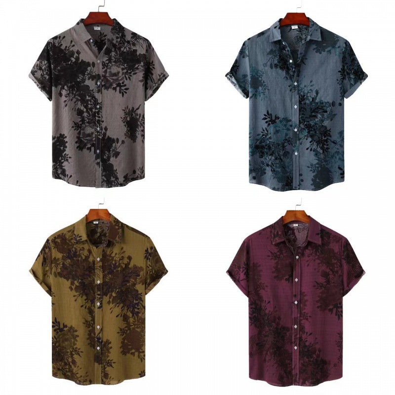 Main product image of Men's Floral Print Short-Sleeve Lapel Shirt, Loose Fit