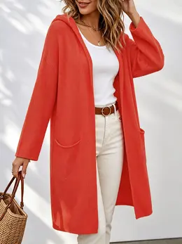 Product image of Ladies Hooded Long Open Front Knit Cardigan, Oversized Acrylic