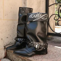 Product image of Women's Pointed Toe Slouch Boots, Black Block Heel, Metal Buckle