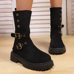 Product image of Women's Suede Mid-Calf Boots, Double Buckle, Metal Rivet, Platform