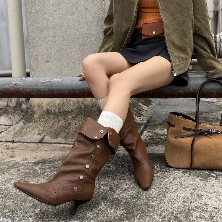 Main product image of Leather Mid-Calf Boots with Pointed Toe and Stiletto Heel