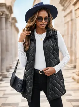 Product image of Sleeveless Argyle Quilted Vest with Slant Pockets