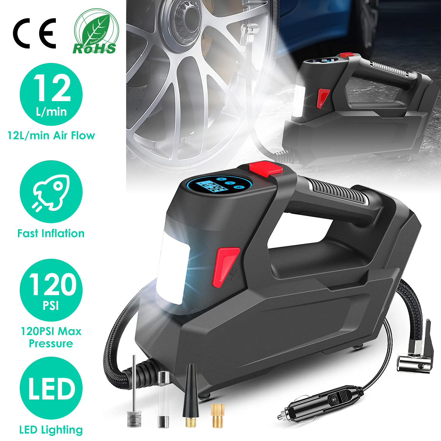 Main product image of 120 PSI 90W Tire Inflator with Digital Display & LED Light