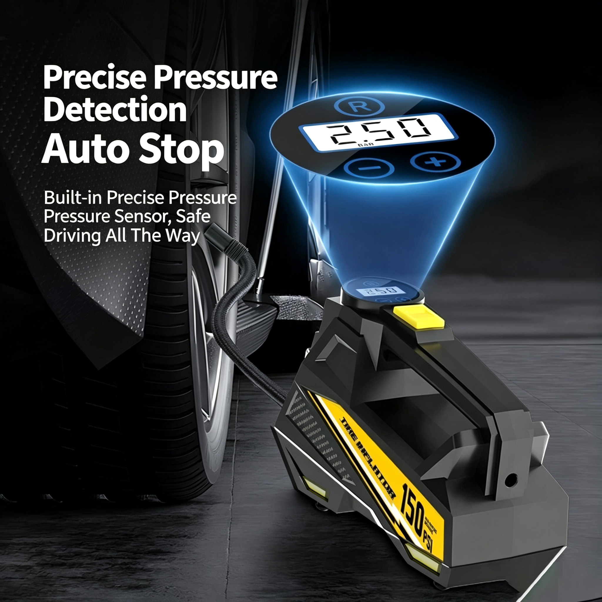 Main product image of Portable 12V Tire Inflator, 150PSI, Digital Display, Auto Stop, LED Light