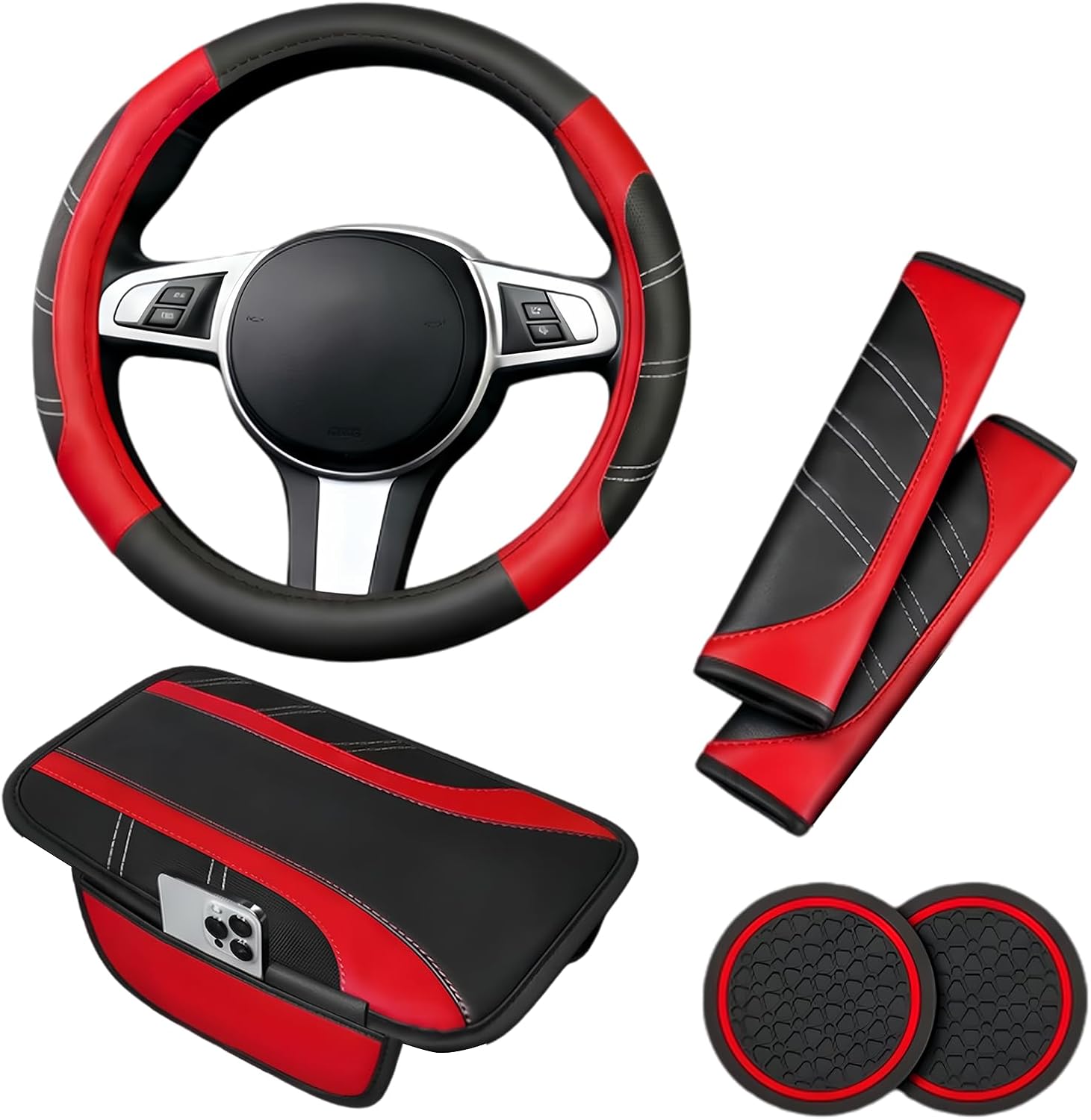 Main product image of Automotive Interior Kit, 14.5-15 Inch Leather Steering Wheel Cover, Black/Red