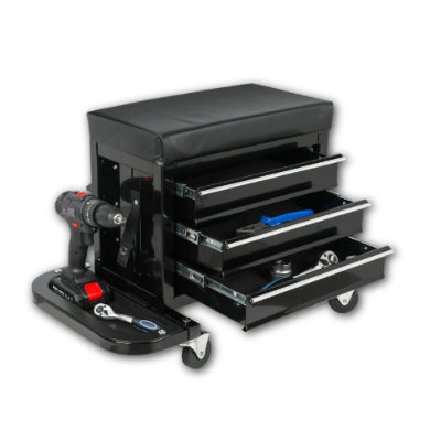 Main product image of 3-Drawer Rolling Mechanic Seat with Tool Trays, 350 lb Capacity, Black