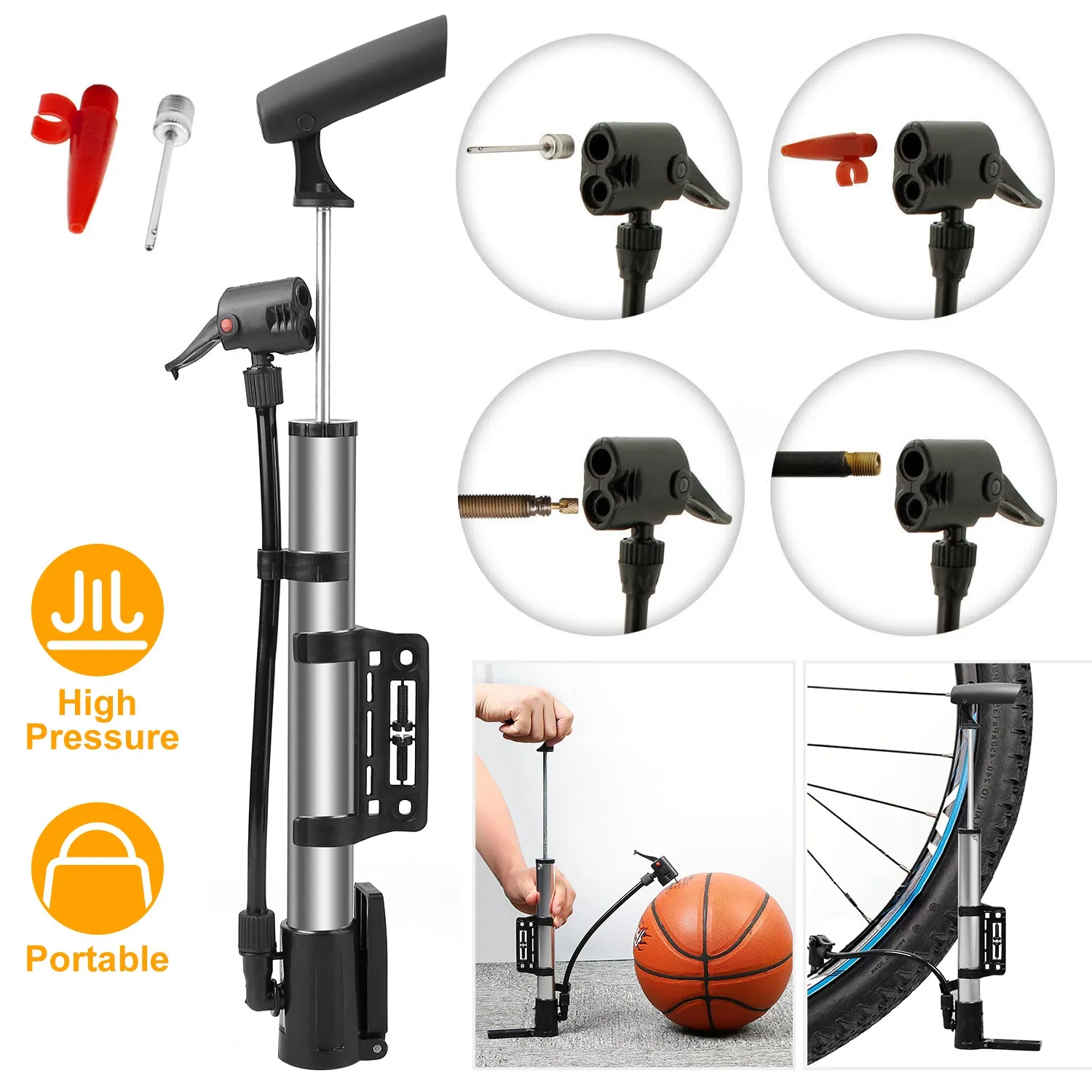 Main product image of Portable Bicycle Tire Inflator with Ball Needle and Frame Mount