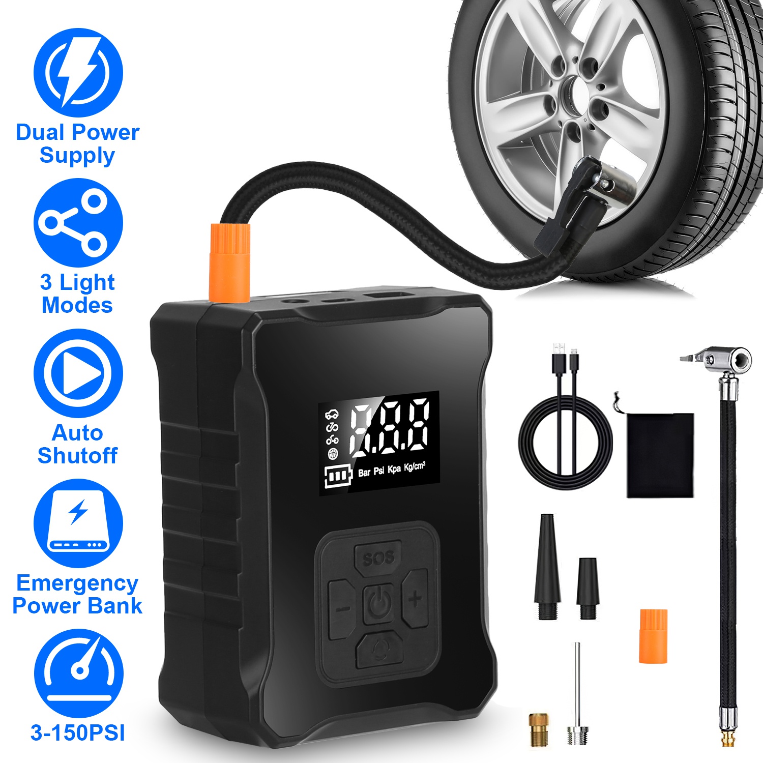 Main product image of 150PSI Cordless Digital Tire Inflator with LED Light & Power Bank