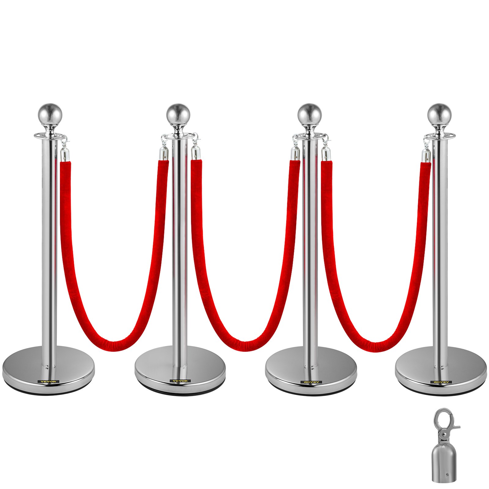 Main product image of 4 Pack Silver Round Top Stanchion Posts, Two 1.5M Red Velvet Ropes