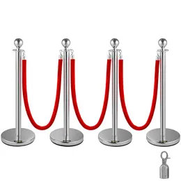 Product image of 4 Pack Silver Round Top Stanchion Posts, Two 1.5M Red Velvet Ropes