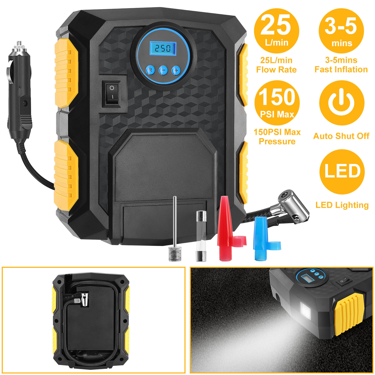 Main product image of 12V DC 120W 150PSI Electric Tire Inflator with LCD, 25L/min