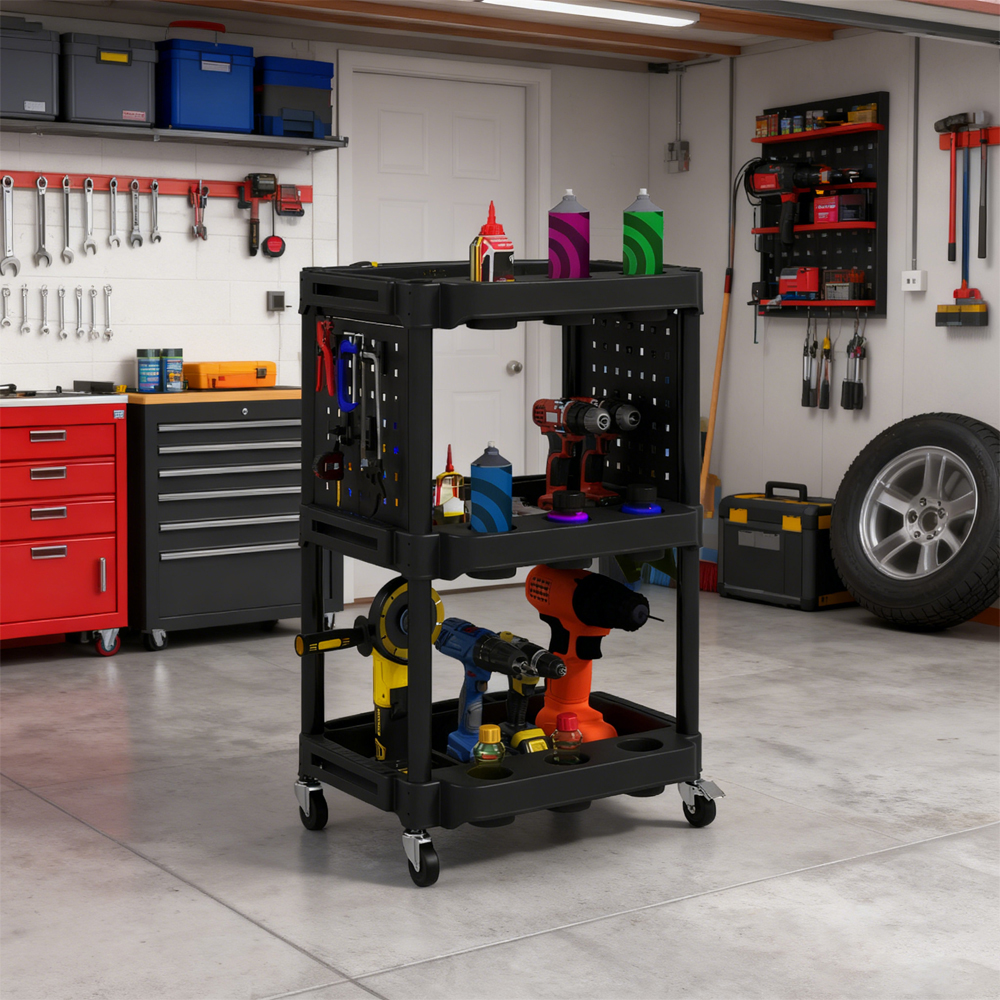Main product image of 3-Tier Plastic Rolling Utility Cart, 200 LBS Capacity, with Side Shelves
