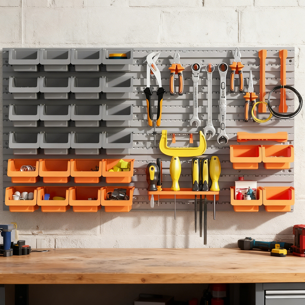 Main product image of 44-Piece Wall Mounted Pegboard Tool Organizer Kit, Bins & Hooks, Orange