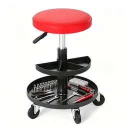 Product image of Rolling Mechanic Stool, Red, Pneumatic Height Adj., 2-Tier Tool Trays, 265lb