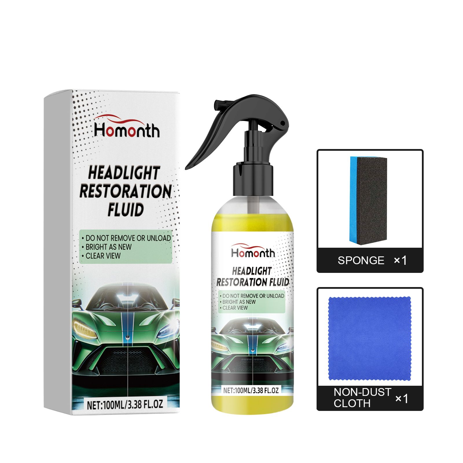Main product image of HOMONTH Automotive Headlight Lens Care Kit, 100 ml, with Sponge and Cloth