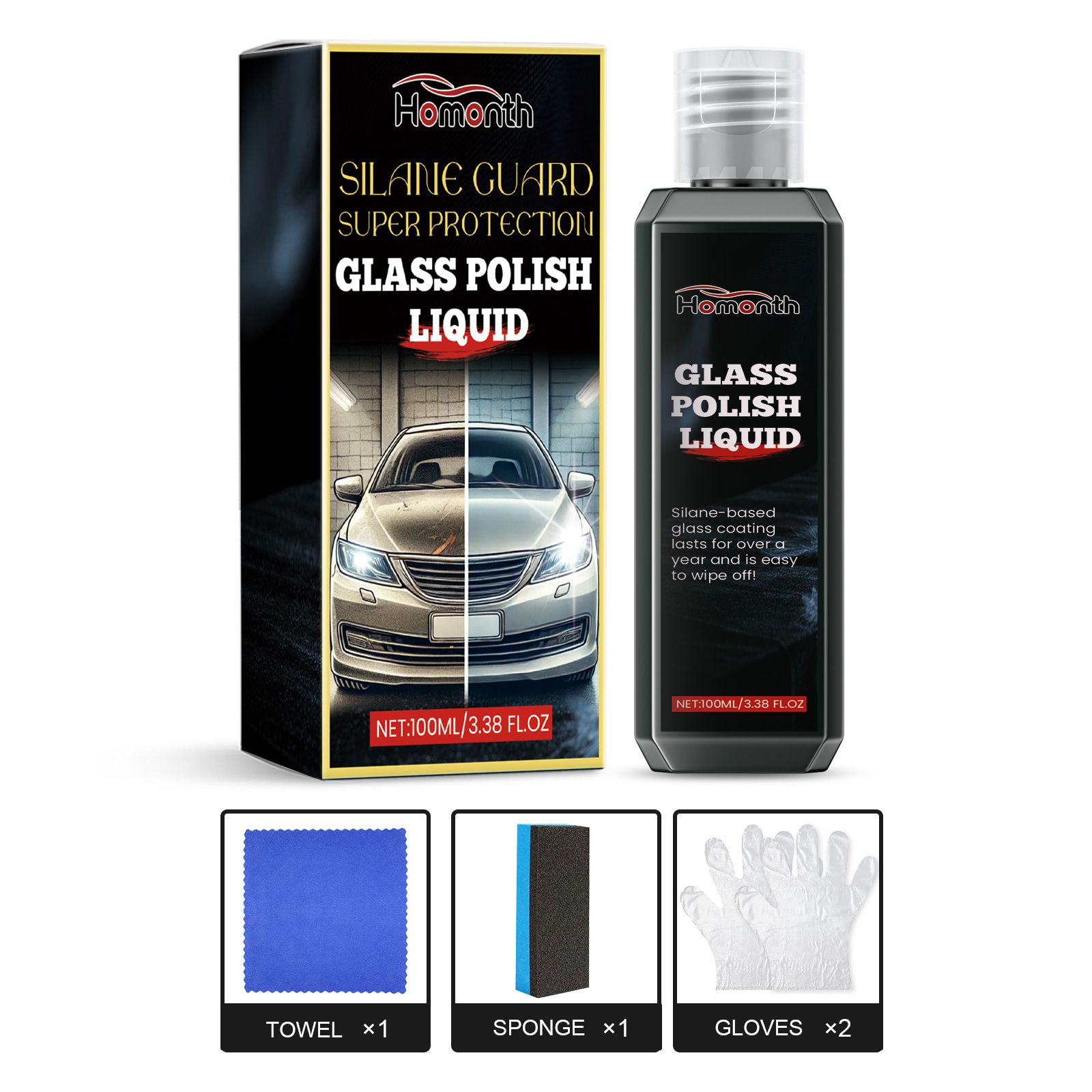 Main product image of HOMONTH Automotive Glass Polish Liquid Kit, 100 ml