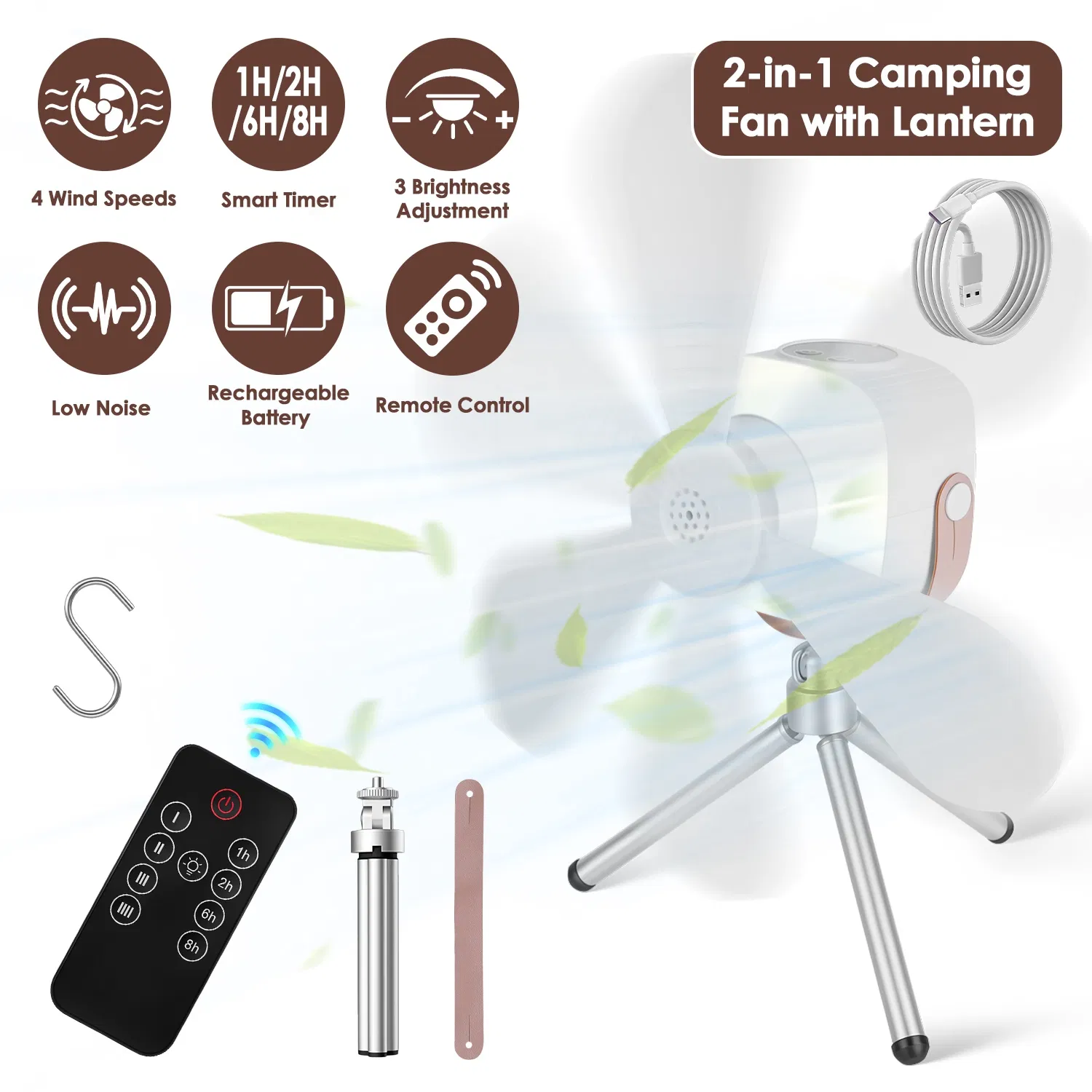 Main product image of Rechargeable Fan, LED Lantern, Remote, 4 Speeds, 7200mAh Battery, Tripod Stand