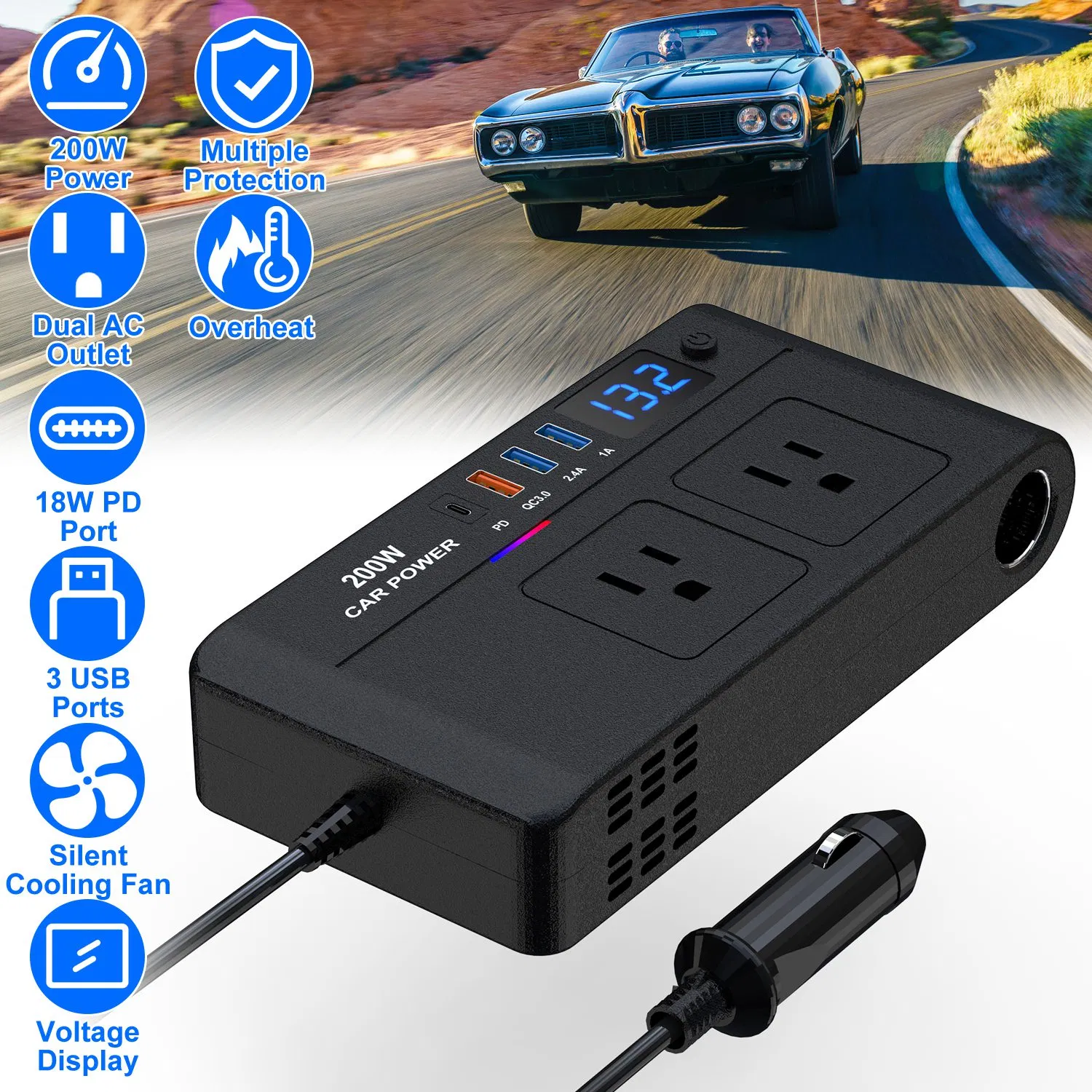 Main product image of 200W 12V DC to 110V AC Vehicle Inverter, 2 AC, 1 Type-C, 3 USB Ports