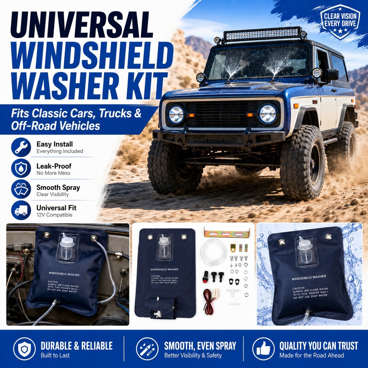 Main product image of Windshield Washer Bag Reservoir Kit, Universal 12V Pump, Nozzles