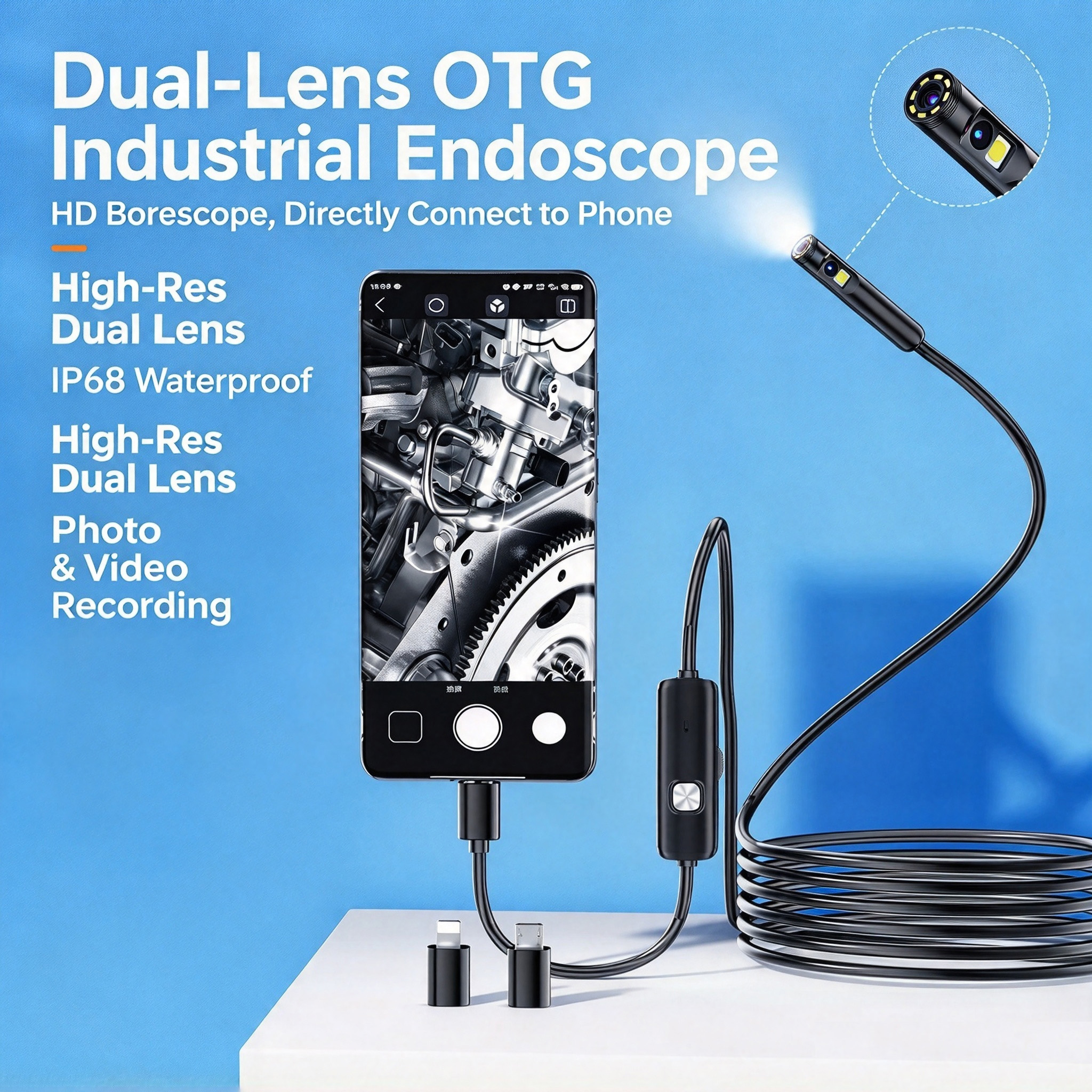 Main product image of Single-Lens Industrial Endoscope, 2MP HD, Direct Connect for iPhone, Android/iOS