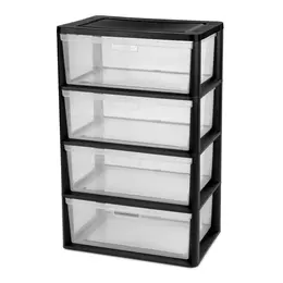 Product image of Black Plastic 4-Drawer Storage Tower with Clear Bins