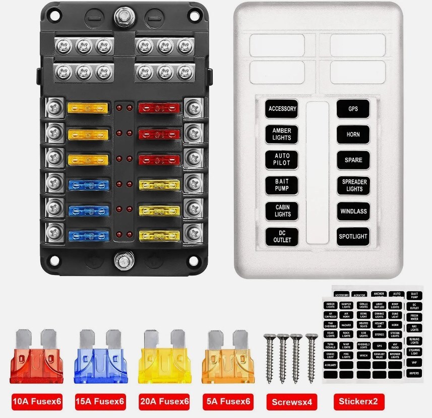 Main product image of 12-Way Blade Fuse Box, 12V/24V, Automotive Marine Bus Bar