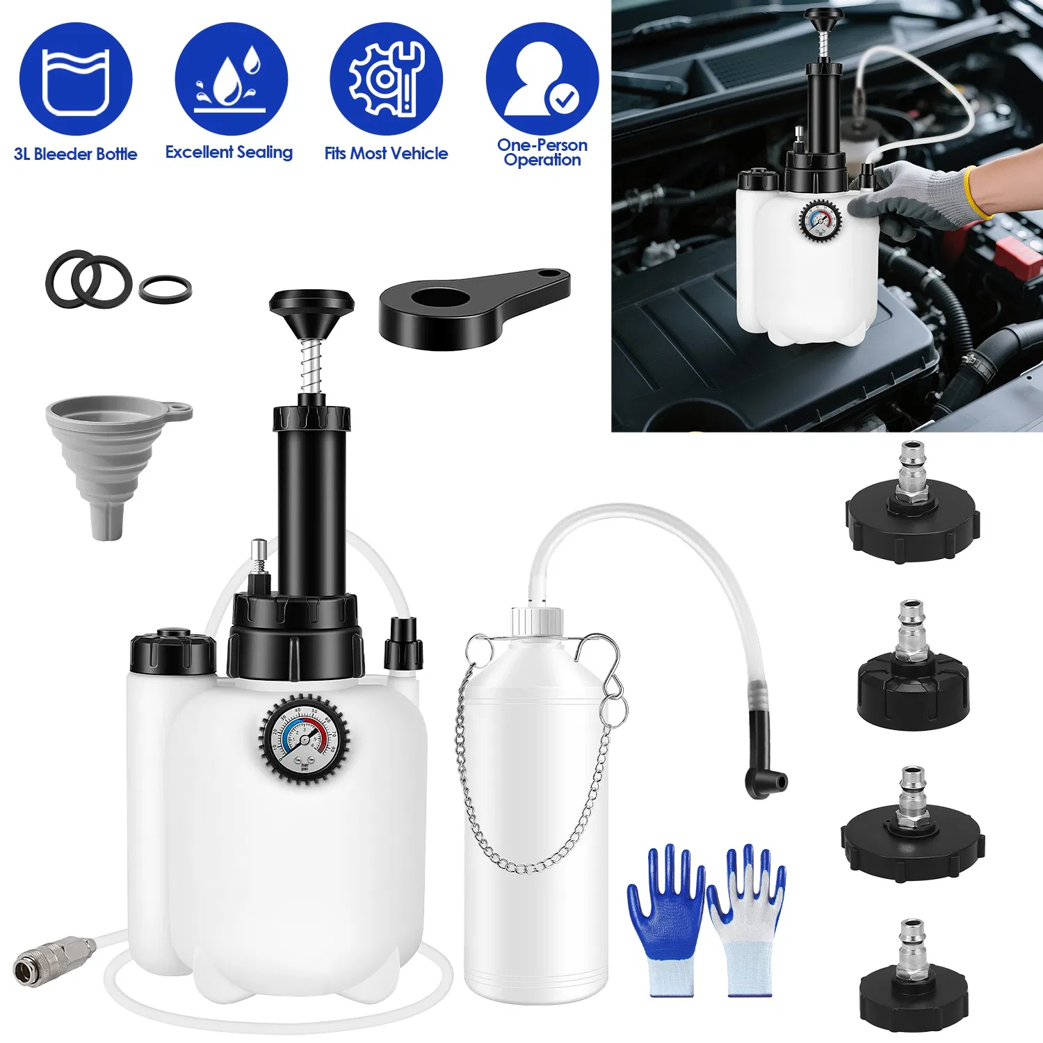 Main product image of Brake Bleeder Kit, 3L Fluid, 1L Waste, 4 Universal Adapters