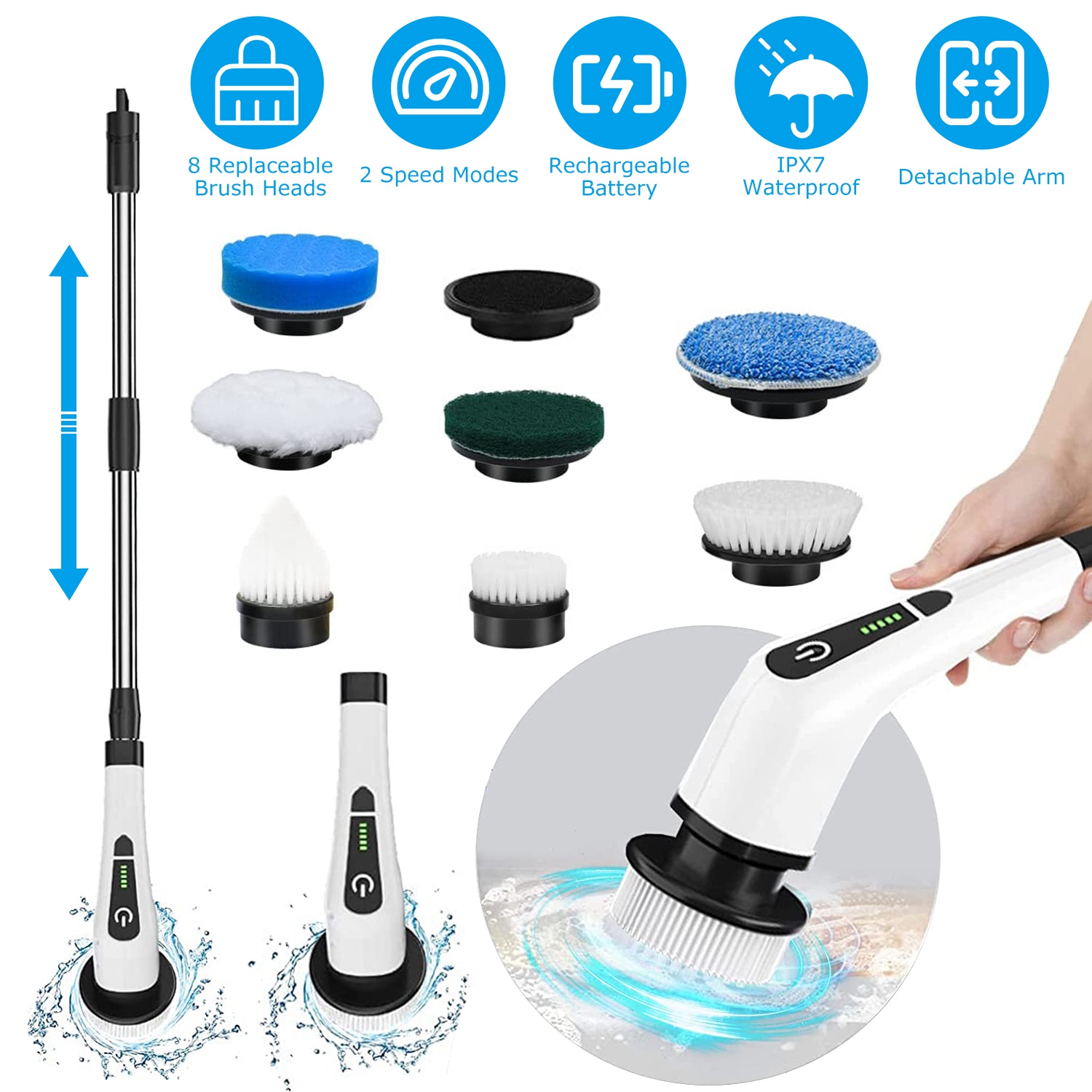 Main product image of Cordless Rechargeable Electric Spin Scrubber, Telescopic, 8 Heads, 2 Speed