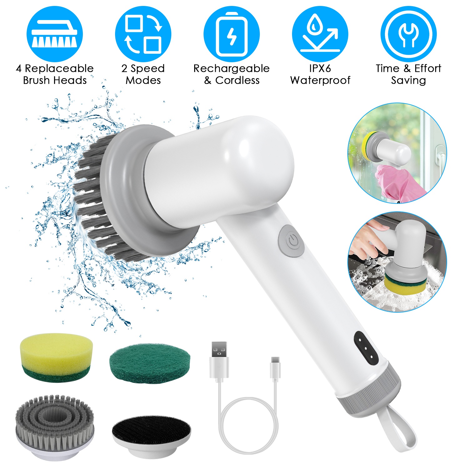 Main product image of Cordless Electric Handheld Cleaning Brush, 2 Speeds, 3 Brushes