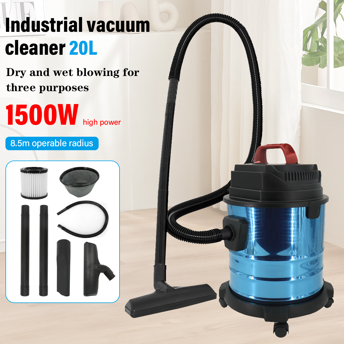 Main product image of 20L 1500W Wet/Dry Shop Vacuum Cleaner with Blower Function and Wheels