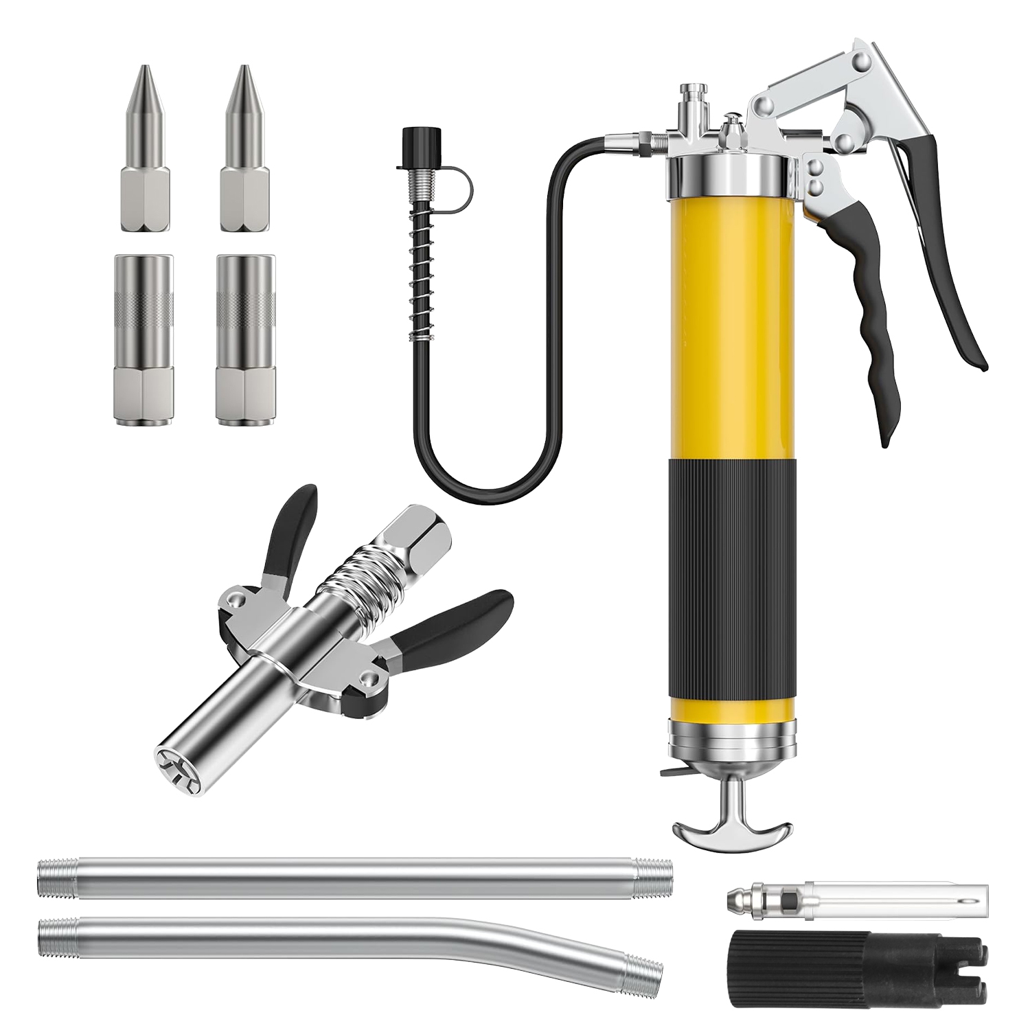 Main product image of Pistol Grip Grease Gun Kit, 14 oz, 7000 PSI, with 11in Flex Hose, Couplers, Nozzles
