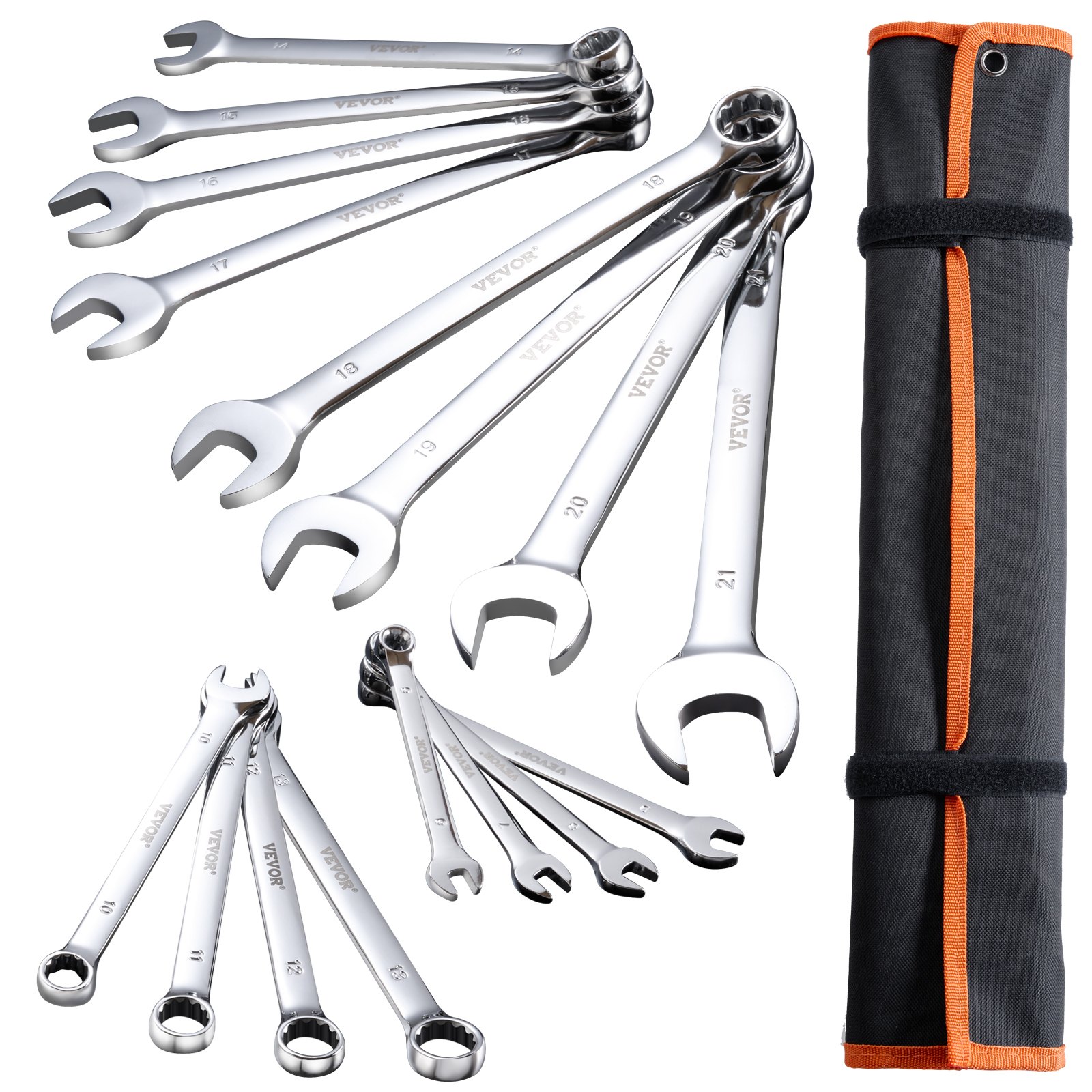 Main product image of 25-Piece Combination Wrench Set with Roll-up Pouch, Carbon Steel, Metric 6-32 mm