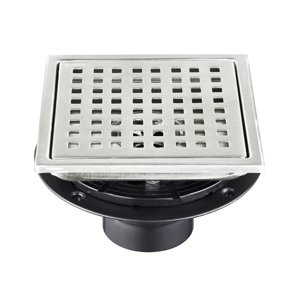 Main product image of 6 Inch Square Shower Drain, 304 Stainless Steel, Removable Grate, Brushed Nickel