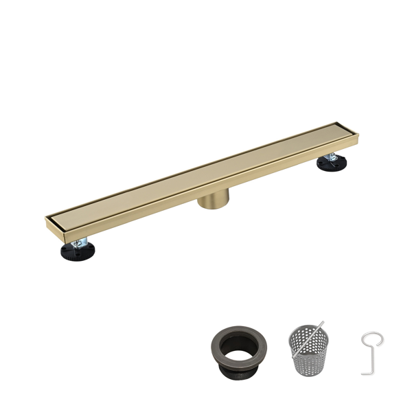 Main product image of 24 Inch Linear Shower Drain, 2-in-1 Flat/Tile Insert Cover, 304 SS, Hair Strainer, Brushed Gold