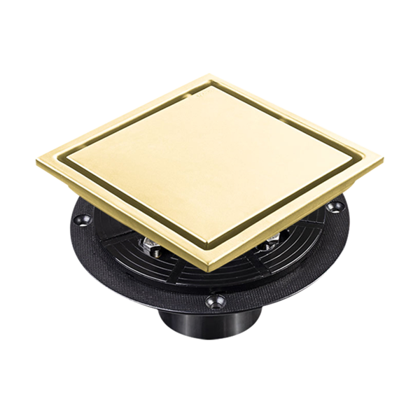 Main product image of 6 Inch Square Shower Drain, 2-in-1 Flat/Tile Insert Cover, 304 SS, Brushed Gold